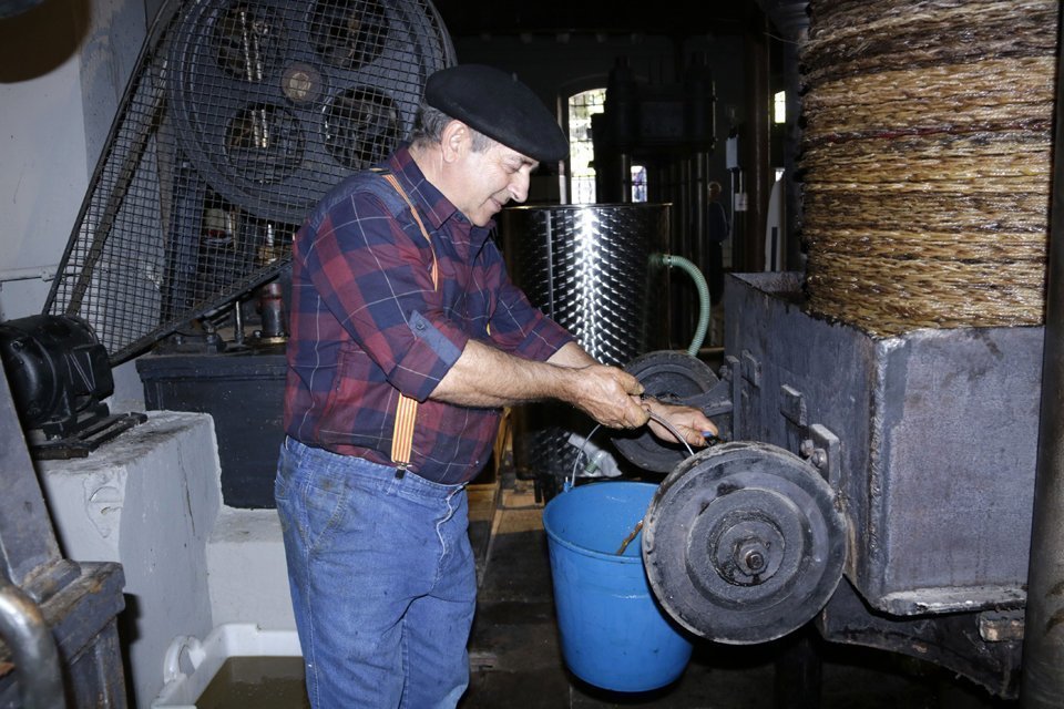 Imatge d'un dels actors que representa com es feia oli de manera tradicional en el museu de l'oli de La Granadella en el marc de la festa de la primera premsada. El 4 de novembre de 2018. (Horitzontal)