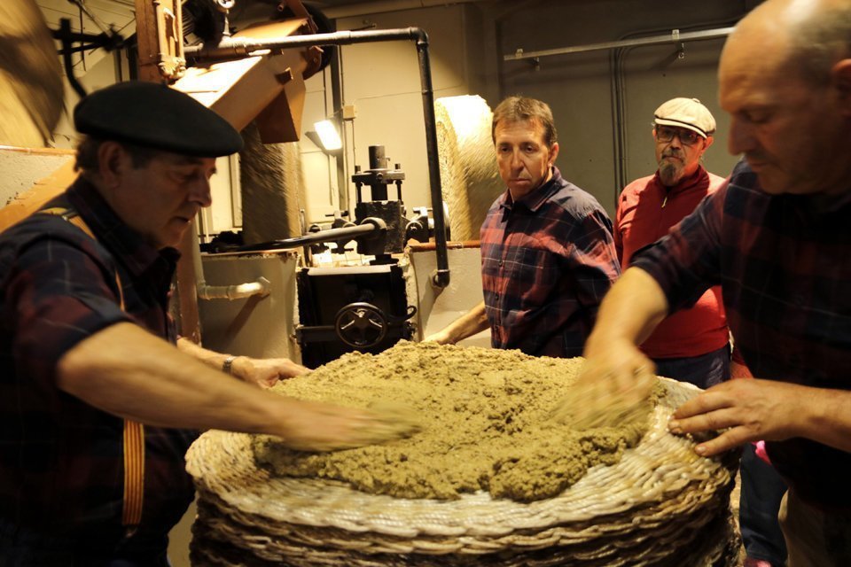 Imatge dels actors que participen de la recreació del procés de fer oli amb les premses antigues en la festa de la primera premsada de La Granadella. El 4 de novembre de 2018. (Horitzontal)