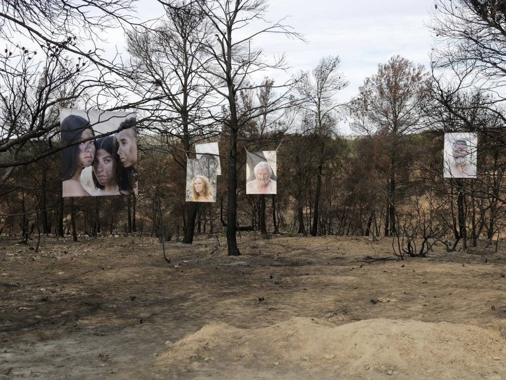 Pla general de les fotografies de Jordi Jové i Espe Pons penjades dels arbres a la iniciativa Cendrart a Maials, el 6 d'octubre de 2019. (Horitzontal)