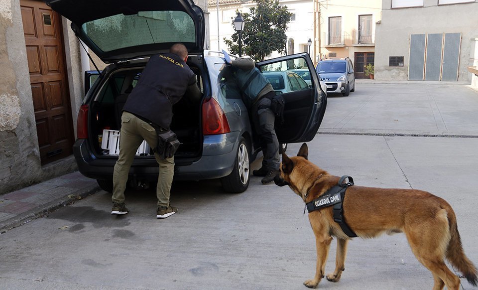 Agents de la Guàrdia Civil amb un gos escorcollant un cotxe a la recerca de droga a Castellnou de Seana