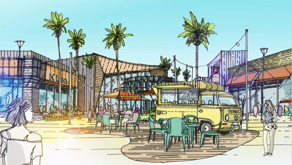 Recreació virtual de la zona de la plaça del futur parc comercial i d'oci Go Lleida. (Horitzontal)