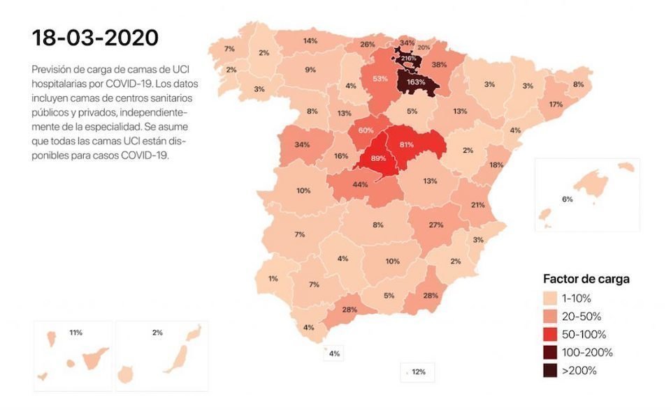 Imatge d'un mapa amb els factors de càrrega previstos a els UCI per al dimecres 18 de març. (Horitzontal)