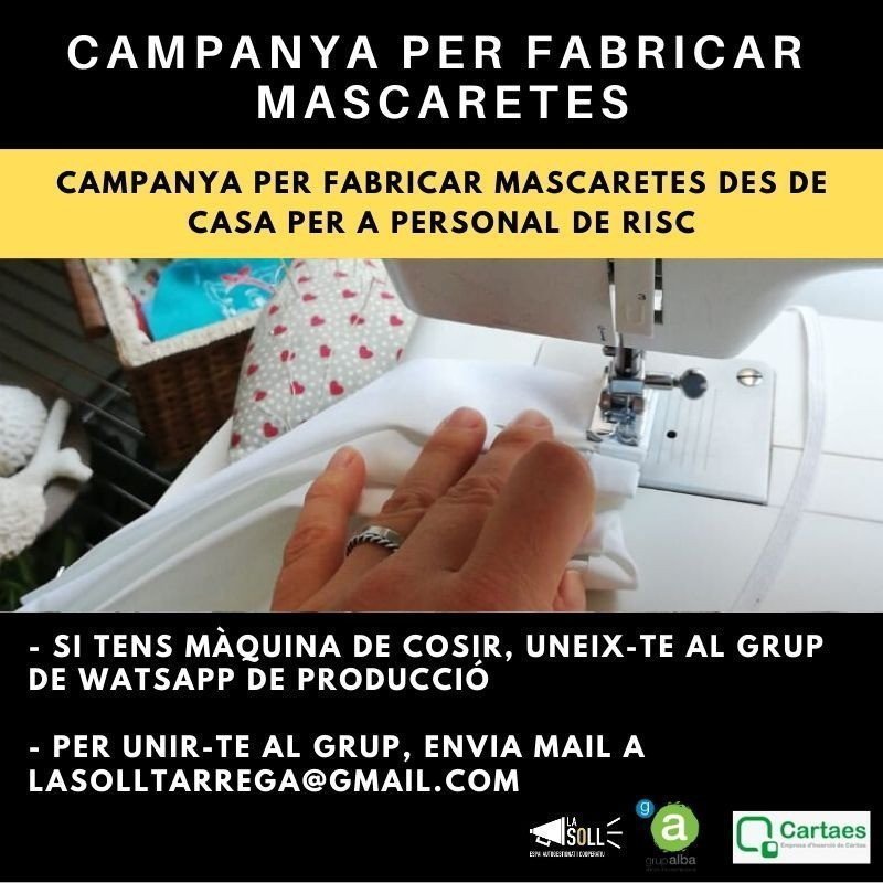 Imatge promocional de la campanya que impulsen Cartaes, Alba i La Soll de Tàrrega per convidar a la població a fabricar mascaretes des de casa. Imatge facilitada per La Soll de Tàrrega el 20 de març de 2020 (Horitzontal).