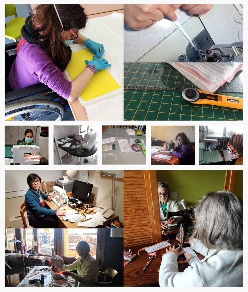 Composició d'imatges de les cosidores de Tàrrega elaborant mascaretes casolanes, el 26 de març del 2020 (Vertical)