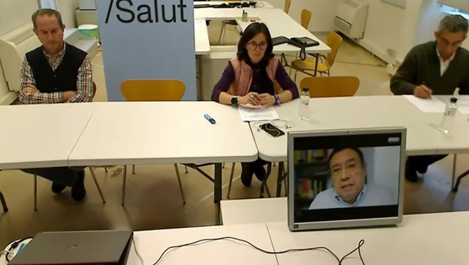 Roda de premsa telemàtica del Departament de Salut Ramon Farré, Divina Farreny, Ramon Sentís i Pere Godoy