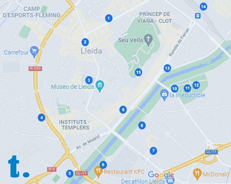 Mapa de la localització de 15 escultures de Lleida.