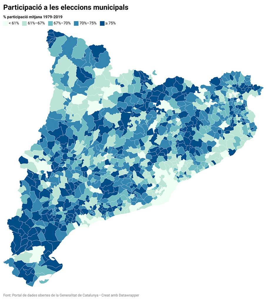 Mapa amb els diversos percentatges de participació mitjana en unes eleccions municipals entre 1979 i 2019 per municipi

Data de publicació: divendres 26 de maig del 2023, 06:00

Localització: Barcelona

Autor: Guifré Jordan